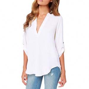 Kemeja lengan lipat Solid longgar ukuran Plus <span class=keywords><strong>5XL</strong></span> wanita sifon lengan pendek atasan blus kasual kerah v seksi - Product Image 5