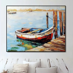 Impression faite à la main toile moderne 3D texturé mur Art abstrait paysage marin peintures de bateaux sur la plage - Product Image 2