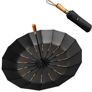 Parapluie homme pliant en trois sections, 16 baleines, entièrement automatique, avec poignée en bois, en tissu pongé, ouverture automatique, idéal pour cadeau d'affaires - Product Image 4