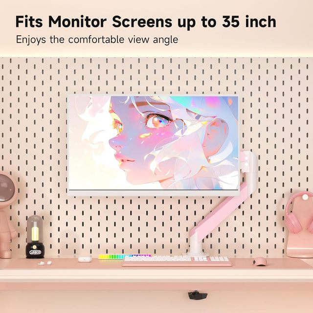 Pink Single Monitor Arm Gas Spring Clamp Mount Max Load 24.25 Lbs Max Extension 21.65" Max Screen Size 35" VESA 75x75/100x100mm
