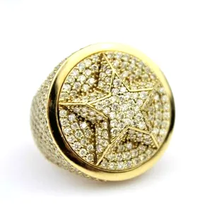 Wholesale Cheap Price 925 Silver Men Rings High Quality Moissanite 14K Gold Plating Star Signet Iced Out Round Cut Ring Jewelry