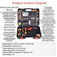Kit d'outils électriques personnalisé OEM en gros, 117 pièces, perceuse à percussion au lithium, tournevis, 12V, acier au carbone, boîte à outils de réparation pour électricien domestique