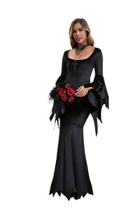 Costume de sorcière d'Halloween pour femmes adultes, robe longue gothique noire, manches cloche, costume de cosplay, tenue de scène pour performance - Product Image 6