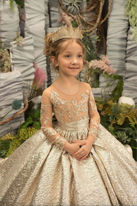 Vestido de niña de las flores dorado con mangas de ilusión, botones de lazo y falda esponjosa para cumpleaños, bodas, fiestas, damas de honor infantiles - Product Image 2