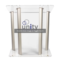 Podium en acrylique sur pied Froor avec design recyclable, grande surface de lecture, piliers en aluminium, surface polie, personnalisable