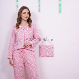 Conjunto de Bata y Pantalón Largo para Mujer, Color Rosa, Estampado Floral Elegante, Manga Larga, 100% Algodón, Ropa de Dormir Informal, Cuello en V, Dos Piezas - Product Image 1