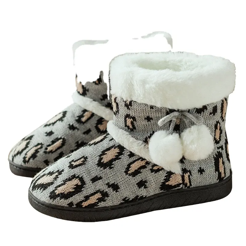New leopard print cotton boots winter bag heel household boots plus fleece thick soled indoor and outdoor warm shoes
