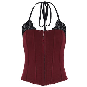 Vintage <b>Lace</b> Panel Halter Top-Sexy <b>Corset</b>-Inspired CAMIS with Slim Fit Crop Design Knitted - Product Image 6