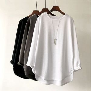 T-Shirt con orlo curvo in cotone tinta unita da <span class=keywords><strong>donna</strong></span> maglietta oversize a maniche lunghe in bianco comoda T-Shirt <span class=keywords><strong>morbida</strong></span> e traspirante - Product Image 2