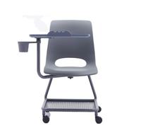 Chaise de formation à roulettes en plastique, avec structure métallique cantilever, tablette d'écriture et panier à livres sous le siège pour salle de classe et conférence
