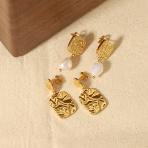 Vintage Fashion Fine <strong>Jewelry</strong> Women Fashion <strong>Stainless</strong> <strong>Steel</strong> <strong>Jewelry</strong> 18K Gold Texture Pearl Drop Earrings - Product Image 4