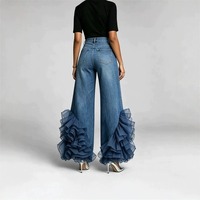 Nouveau Jean Large en Denim Coton à Volants en Organza et Fleurs 3D, Taille Haute, Style Streetwear, Bleu Sculptural, Collection Été 2026 – Vente en Gros
