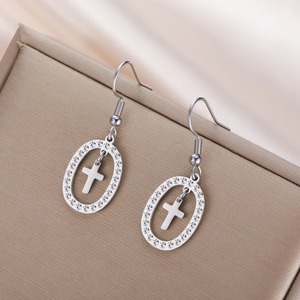 Pendientes <span class=keywords><strong>de</strong></span> Cruz Ovalados con Circonita Cúbica, Chapados en Oro, <span class=keywords><strong>de</strong></span> Acero Inoxidable, para Mujer, Joyería Religiosa Católica - Product Image 2
