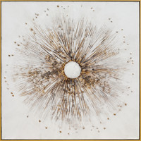 Peinture murale abstraite 3D texturée or et blanc, motif soleil éclatant, avec sphère centrale – Offre Spéciale
