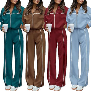 S-2XL Großhandel Hochwertiger Gestreifter Locker Sitzender Sport- und Freizeitanzug mit Reißverschluss Langer Kragen Zweiteiliges Set für Damen - Product Image 1