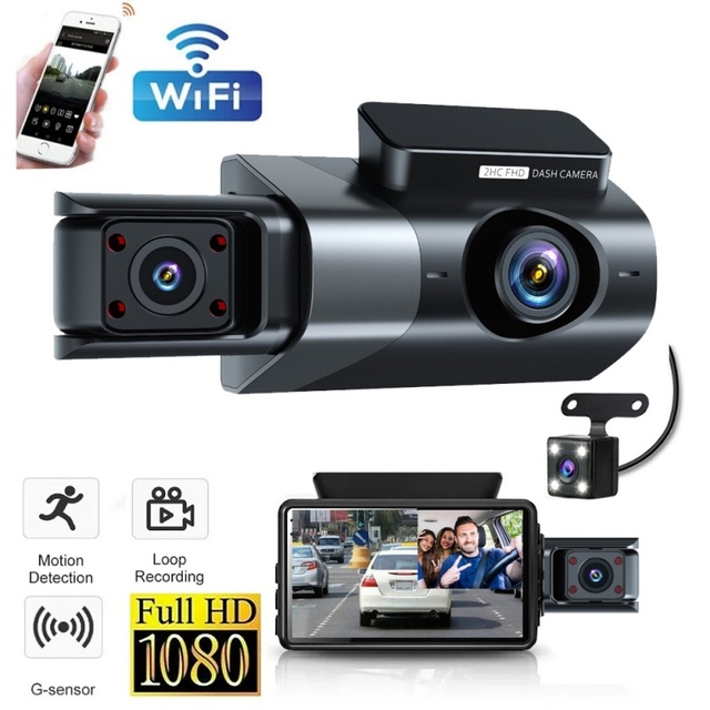3 Channel Car DVR HD 1080P 3-Len Inside Vehicle Dash Cam Three Way 3 Inch Camera DVRs Recorder Video Mini Dashcam Camcorder
