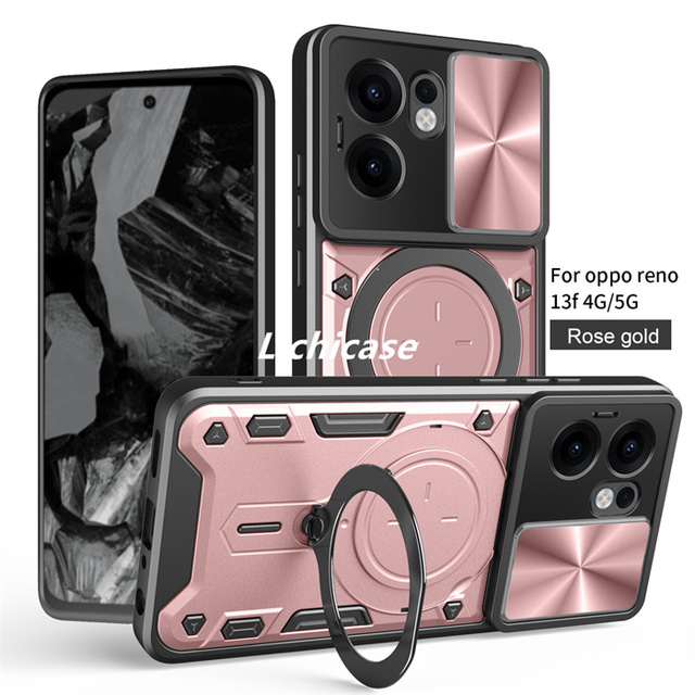 Lichicase Heavy Duty Slide Camera Guard Circle Kickstand Bumper Case for OPPO RENO 13F TPU Case