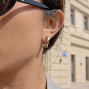 C-Shaped <b>Huggie</b> Earrings Stainless Steel Gold Tone With <b>Silver</b> Ring Detail Fashion Hoop Earrings - Product Image 4