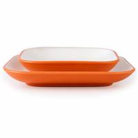 Ensemble d'assiettes carrées en mélamine à bordure orange, blanc brillant, coins arrondis, qualité alimentaire, incassable, vaisselle en gros, personnalisable