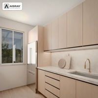 Meuble de cuisine de luxe, portes en bois massif au design moderne, aménagement en îlot, boîtes de rangement en contreplaqué et tiroirs à fermeture amortie