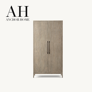 Armoire de rangement haute élégante et moderne en chêne cerisé gris brun à 2 portes avec poignées métalliques foncées pour salon et chambre à coucher, personnalisable OEM - Product Image 1