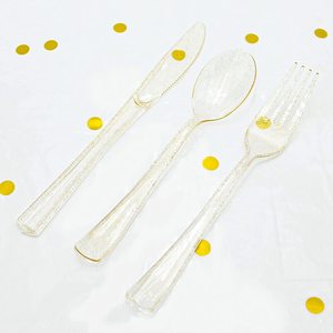 Golden Yellow Plastic Silverware Dinnerware Disposable Glitter Gold Fancy Party Utensils Cutlery Fork Knife Spoon Flatware Set