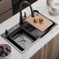Évier de cuisine noir en acier inoxydable SUS304, grand bac unique profond avec planche à découper pour la rénovation de cuisine moderne