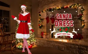 5 adet kadın Santa elbise kırmızı noel elbise takım Polyester yetişkin noel giyim aksesuarları ile
