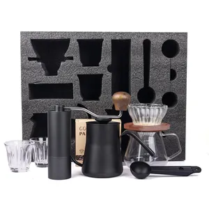 New Arrival Business Gift Pour Over Drip Coffee Gift Bag Set Box With Hand Ceramic Manual Coffee Grinder Glass Filter Spoon