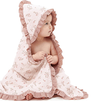 Handuk Bayi Berkerudung Katun Muslin 100% Grosir, Handuk Mandi Kain Kasa Bermotif Bunga Lucu, Lembut dan Menyerap Air, Handuk Bayi Perempuan Berkerudung