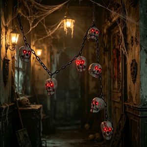 Horror Bloody <b>Skull</b> Chain Led String Red Glowing Eyes Skeleton Hanging Lights Halloween Spooky Atmosphere Decor - Product Image 1