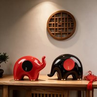 Ensemble de figurines d'éléphants en céramique modernes, statues d'animaux rouges et noires avec accents dorés, décoration d'intérieur, cadeau d'entreprise