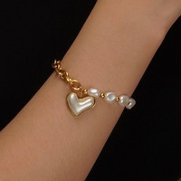 Bracelets à breloques en chaîne patchwork avec pendentif cœur perlé incurvé, en acier inoxydable, accessoires de mode pour filles, bijoux en gros TGSL5802