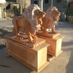 QUYANG entrada ao ar livre decoração mão esculpida vida tamanho escultura pôr do sol mármore vermelho leão estátuas à venda