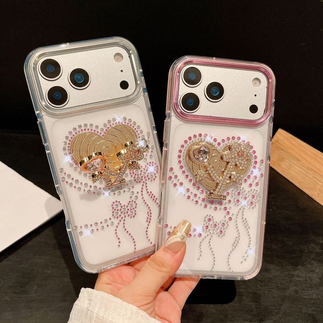 Bling Diamond Lovely Stand Holder Transparent Mobile Phone Case for iPhone 17 Air 16 Pro Max 15 14 Glitter Bracket Back Cover