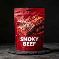 Kantong Kemasan Makanan Segel Panas Matte dengan Jendela, Plastik Cetak Kustom, Zipper Datar, Ziplock, untuk Daging Kering Biltong Jerky Sapi