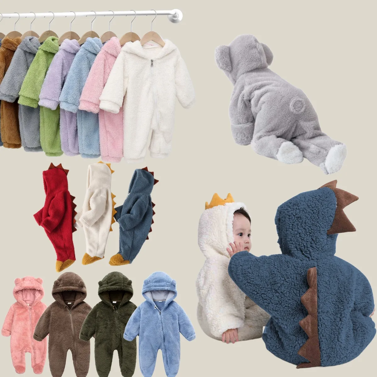 Baju Monyet Musim Dingin Anak, Pakaian Musim Dingin Anak Warna Solid Bayi Merangkak Pakaian Flanel Mewah Pakaian Bayi Bulu Hangat Beruang Jumpsuit Bayi Onesie