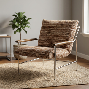 Sillón moderno de mediados de siglo con estructura metálica y brazos de madera, tapicería de tela a rayas, respaldo sólido, muebles para sala de estar - Product Image 4