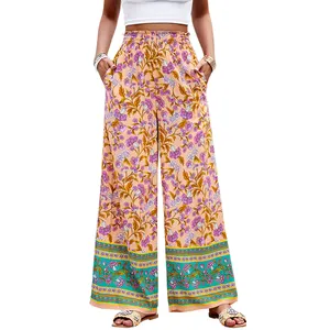 Женские брюки палаццо на заказ, плиссированные брюки с высокой талией и широкими штанинами с цветочным принтом
