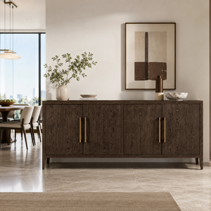 Buffet/Credenza moderne minimaliste en chêne cerisé à 4 portes pour salon, salle à manger, maison contemporaine - Product Image 2