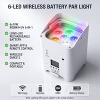 Projecteurs LED sans fil sur batterie 6x18W RGBWAUV pour scène, contrôlables par application Wi-Fi, pour DJ, discothèque, spectacle, mariage