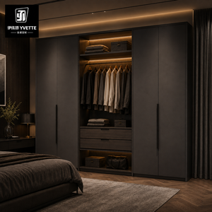 Armoire de chambre à coucher moderne en bois sur mesure pour appartement et hôtel, avec tiroirs et étagères de rangement du sol au plafond - Product Image 4