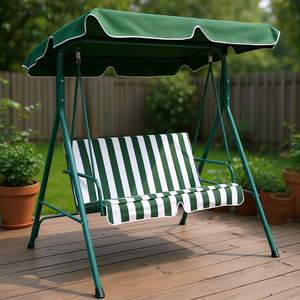 Balançoire de jardin pour 2 personnes avec auvent, coussin rayé vert, structure métallique, pour patio, jardin, cour, véranda, pelouse, siège imperméable pour 3 personnes - Product Image 2