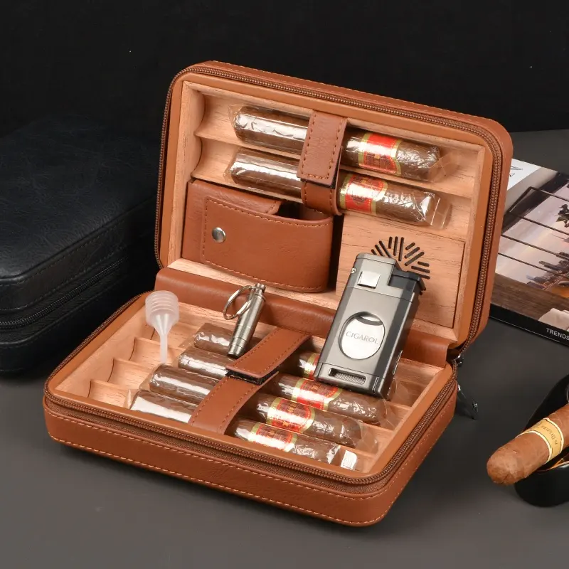 Humidificateur de voyage en bois de cèdre, vente en gros, étui à cigares en cuir avec accessoires pour cigares, coffret cadeau