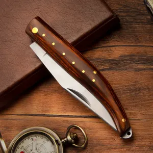 Hot Seller Stainless Steel Folding Pocket Knife with Brown Wood Handle for Hunting and Survival OEM Customizable
