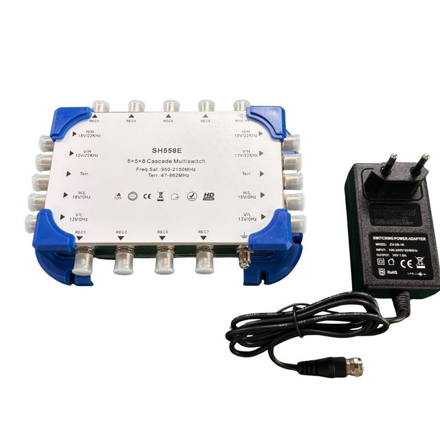 SH558E 5X5X8 Cascade Satellite Multiswitch 5 in 8 out HD TV Signal Distributor with Power Adapter