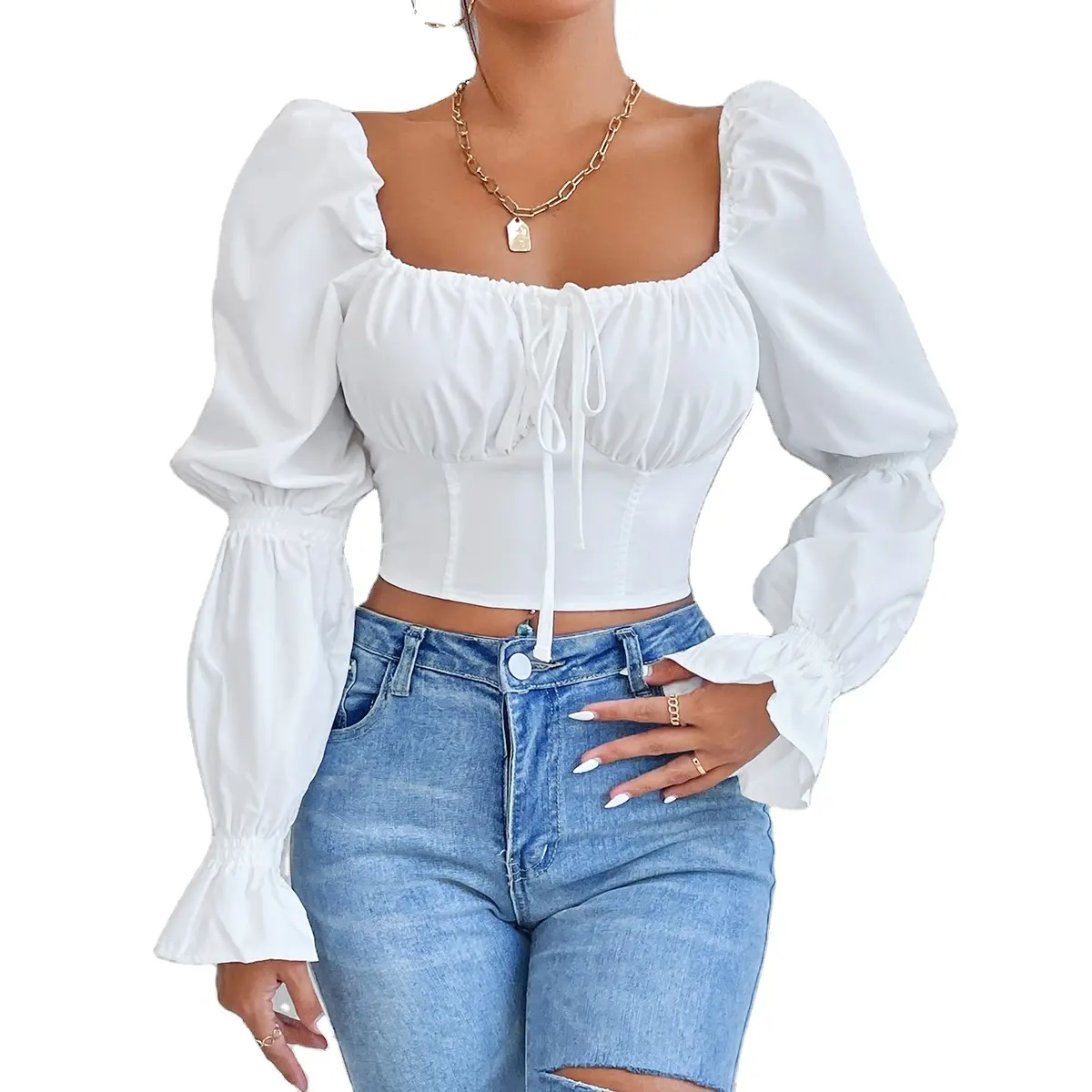 Solid White Bandage Long Sleeve Crop Top Square Collar T-Shirt Women Autumn Fashion Backless Skinny Blouse Lady Casual wear