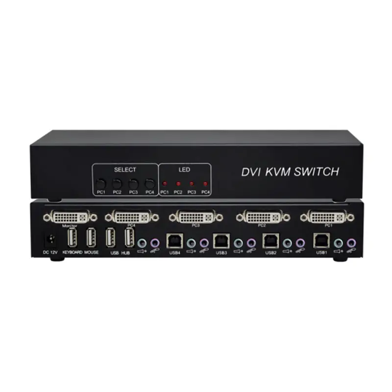 PINWEI 1080P 4 puertos 4 en 1 salida DVI Switch 1920*1200P @ 60Hz DVI Switcher con KVM USB HUB Audio