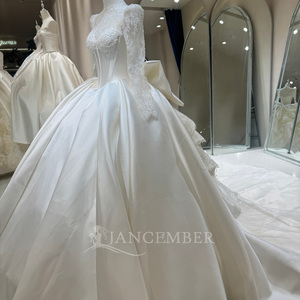 Dw0238 Regal High Neck Lace Illusion Long Sleeve Boned Corset Plain Ivory Satin Ball Gown <b>Wedding</b> Dress Jancember - Product Image 6
