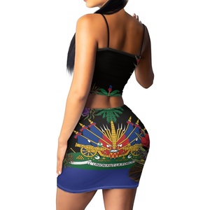 Ensemble jupe et haut court assorti grande <span class=keywords><strong>taille</strong></span>, respirant, en poly-spandex, vêtements avec drapeau haïtien et broderie tropicale - Product Image 2